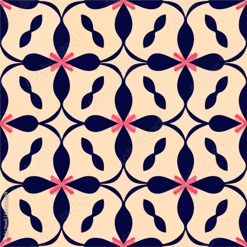 Captivating pattern combining black and pink elements on a warm beige background, designed for fabric and seamless repetition, creating a symmetrical and harmonious look.