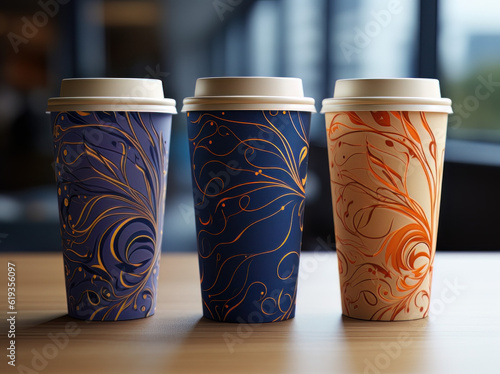 three coffee cups with lids and straws, in the style of nature-inspired compositions