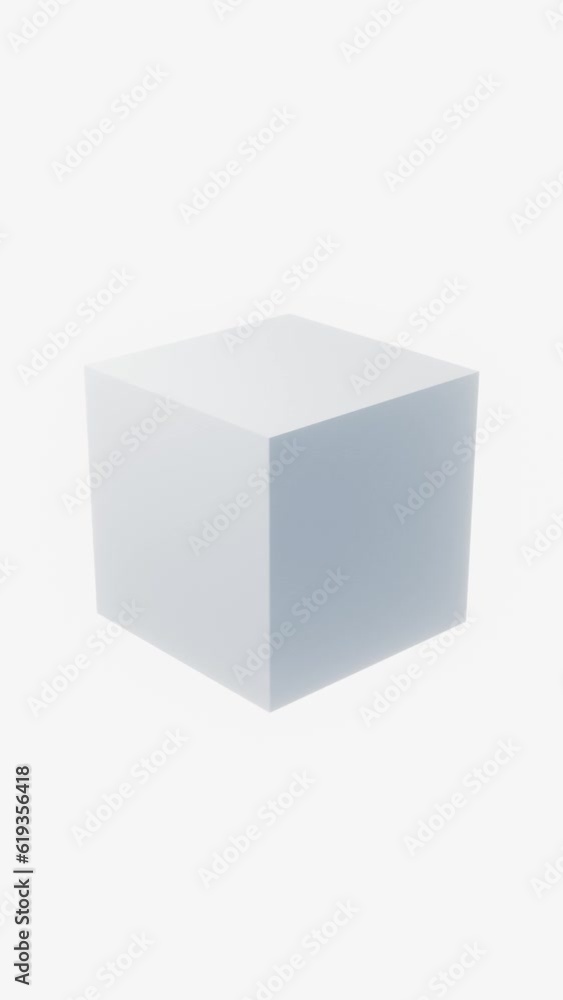 A light gray cube rotates on its vertical axis in a blank empty space. Looping video. Infinite repeating pattern. Vertical format. 3D Rendering A light gray cube rotates on its vertical axis in a blank empty space. Looping video. Infinite repeating pattern. Vertical format. 3D Rendering