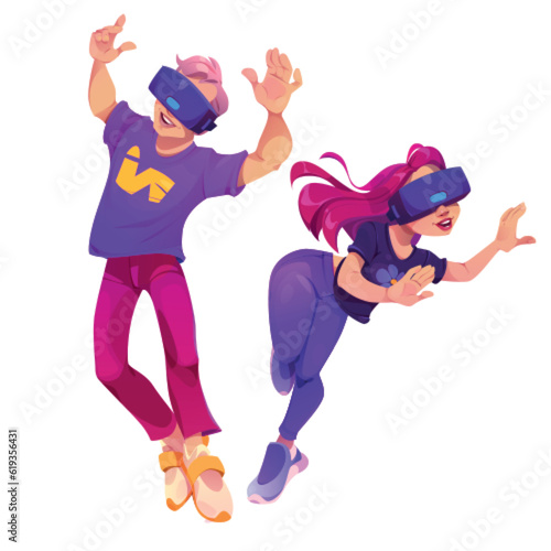 Vr game metaverse glasses p2e technology vector concept. Gamer character in virtual reality videogame cartoon illustration. Man and girl play with device online. Futuristic isolated gamefi clipart