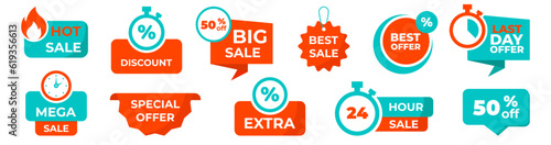 Set of Sale badges. Countdown banners. Promotion badges. Sale, discount, special offer, best price sticker tag collection. Vector illustration 