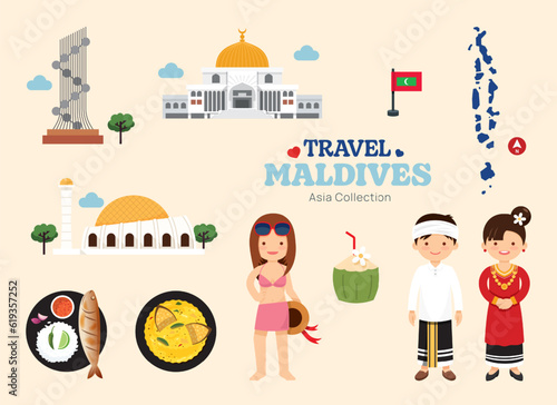Travel Maldives flat icons set. Maldivian element icon map and landmarks symbols and objects collection. Vector Illustration