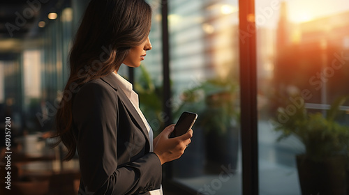 Confident Businesswoman Using Smartphone for Productivity and Networking. Successful Female Entrepreneur Seamlessly Connecting with Mobile Device | Close-Up Hand in Daylight. Generative AI