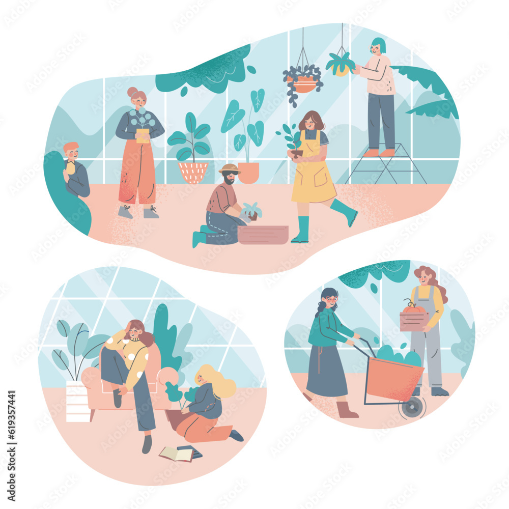 People Character at Greenhouse Planting and Cultivating Crops Vector Set