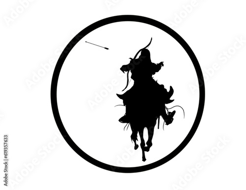 silhouette of an archer on a horse in a circle on a white background
