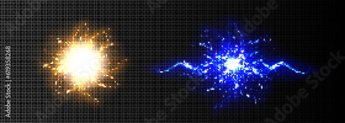 Realistic set of lightning bolts isolated on transparent background. Vector illustration of blue and yellow electric energy balls, sparking flashes of thunderbolt impact, thunderstorm power discharge