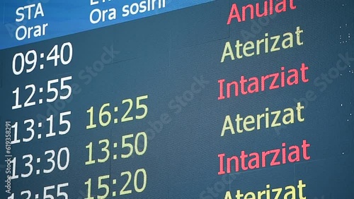 OTOPENI, ROMANIA - JUNE 30, 2023: Flights information display in Bucharest Otopeni International Airport. photo