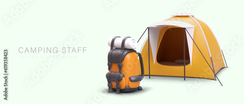 Camping stuff. Realistic tent and orange backpack. Advertising poster for tourist property shop on colored background. Vector concept for web design, place for offer