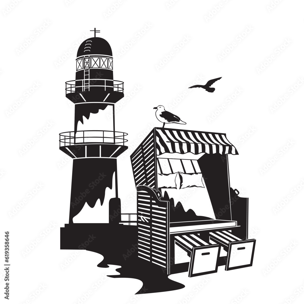 Naklejka premium Illustration Strandkorb mit Leuchtturm Warnemünde