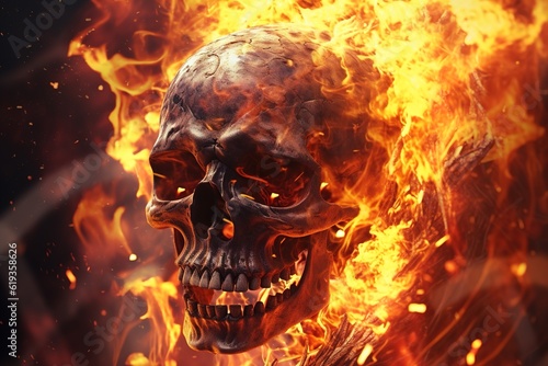 Burning human skull, creepy dead man bones in flames illustration. Death, tragedy, mysticism, hell concept