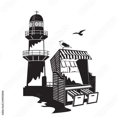 Illustration Strandkorb mit Leuchtturm Warnemünde