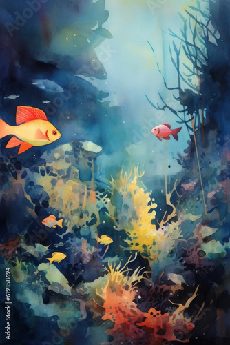 Watercolor fish swim in an underwater, dark blue background.