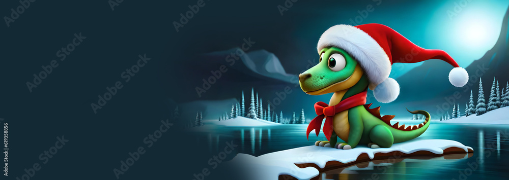 cute green dragon in santa hat, symbol 2024 new year on winter background created with generative ai technology cute green dragon in santa hat, symbol 2024 new year on winter background created with generative ai technology
