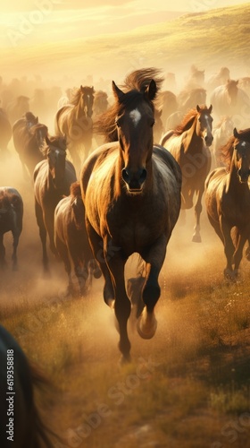 Photo of a group of majestic horses galloping across a golden grass field.generative ai © Superhero Woozie