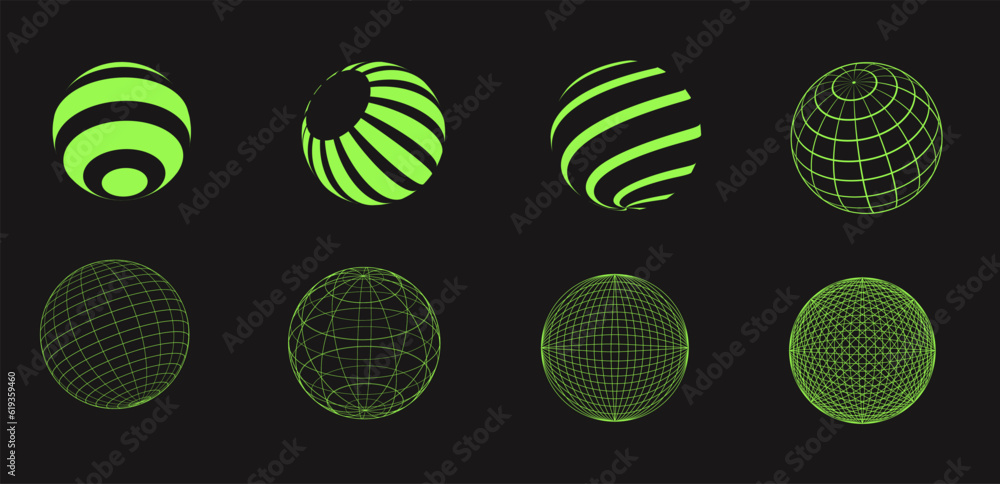 Set of wireframe shapes. Cyber neo futuristic grids, 3d mesh objects and shapes. Wireframe wavy geometric perspective ball, sphere. 80s cyberpunk elements, vector set. Set of wireframe shapes. Cyber neo futuristic grids, 3d mesh objects and shapes. Wireframe wavy geometric perspective ball, sphere. 80s cyberpunk elements, vector set.