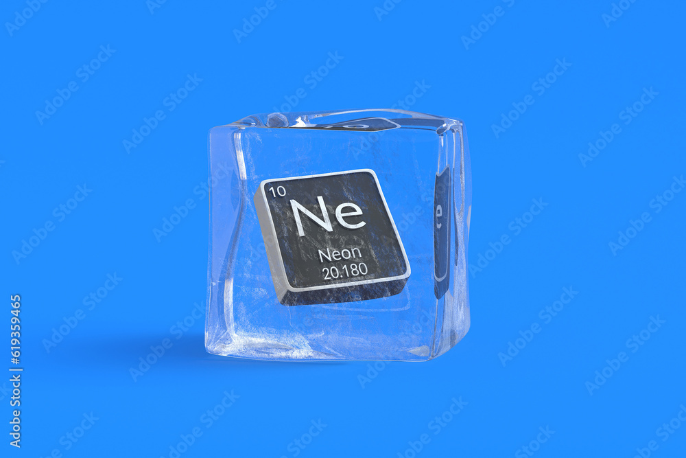 Neon Ne chemical element of periodic table in ice cube. Symbol of chemistry element. 3d render Neon Ne chemical element of periodic table in ice cube. Symbol of chemistry element. 3d render
