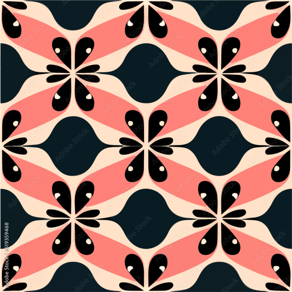 Mesmerizing black and pink pattern on a deep black background, resembling a delightful melting in coral motif, creating a seamless and enchanting pattern design.
