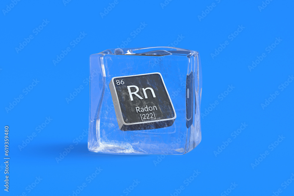Radon Rn chemical element of periodic table in ice cube. Symbol of chemistry element. 3d render