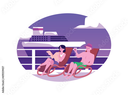 Nice couple resting, sunbathing on the deck of a luxury cruise liner, yacht, Holiday vacation season sea travel flat vector illustration