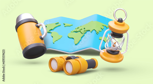 Tourist concept. Huge map, thermos, kerosene lamp, binoculars. Economical travel around world. Study of wild nature in different countries. Color 3D illustration