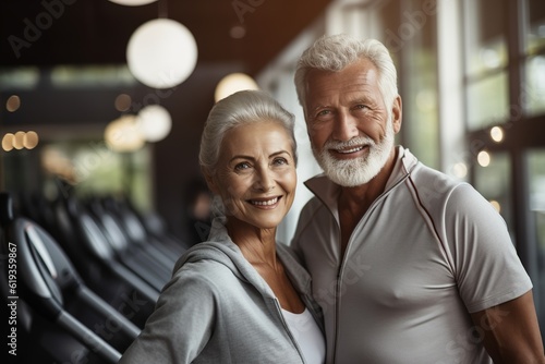 senior woman man exercise gym fitness couple sport healthy elderly health training active happy treadmill old fit mature female adult workout body vitality generative ai