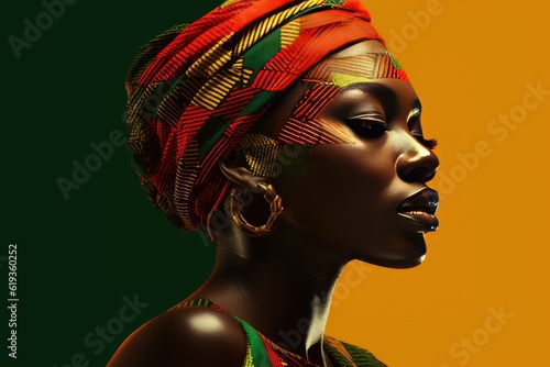 Young african woman in headdress or turban with colors of african flag background, for black history month, juneteenth, keti koti or remembrance abolition. Created with generative AI. photo