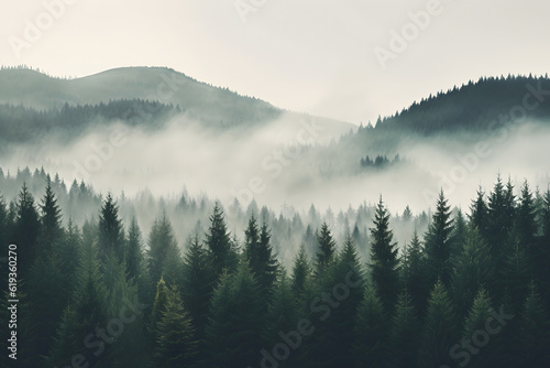 A mystical forest shrouded in a blanket of fog. Tall trees of all shapes and sizes stretch their branches  creating a serene and majestic atmosphere. A perfect escape from reality.