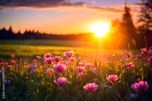 A gorgeous, picturesque sunset with a field of pink flowers stretching as far as the eye can see. The setting sun casts a beautiful golden light, creating a breathtaking scene that will stay with you.