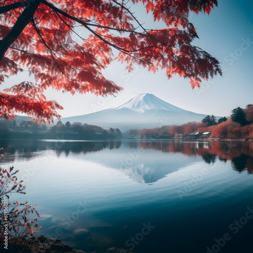 A stunning landscape of a lake surrounded by red autumn leaves and a majestic mountain in the background. The perfect place to relax and take in the beauty of nature!