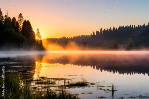 A peaceful lake nestled in a valley of trees, shrouded in morning fog. A tranquil paradise, a perfect escape from the hustle and bustle of everyday life.