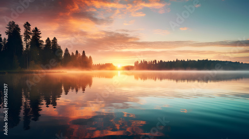A peaceful lake surrounded by tall trees, with the sky ablaze in a beautiful sunset. Nature's beauty is at its best here.