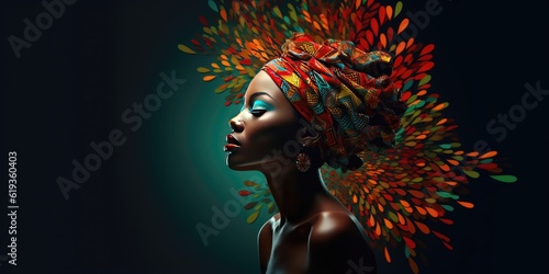 Obraz na plátně Young african woman in headdress or turban with colors of african flag on a green background, for black history month, juneteenth, keti koti or remembrance abolition
