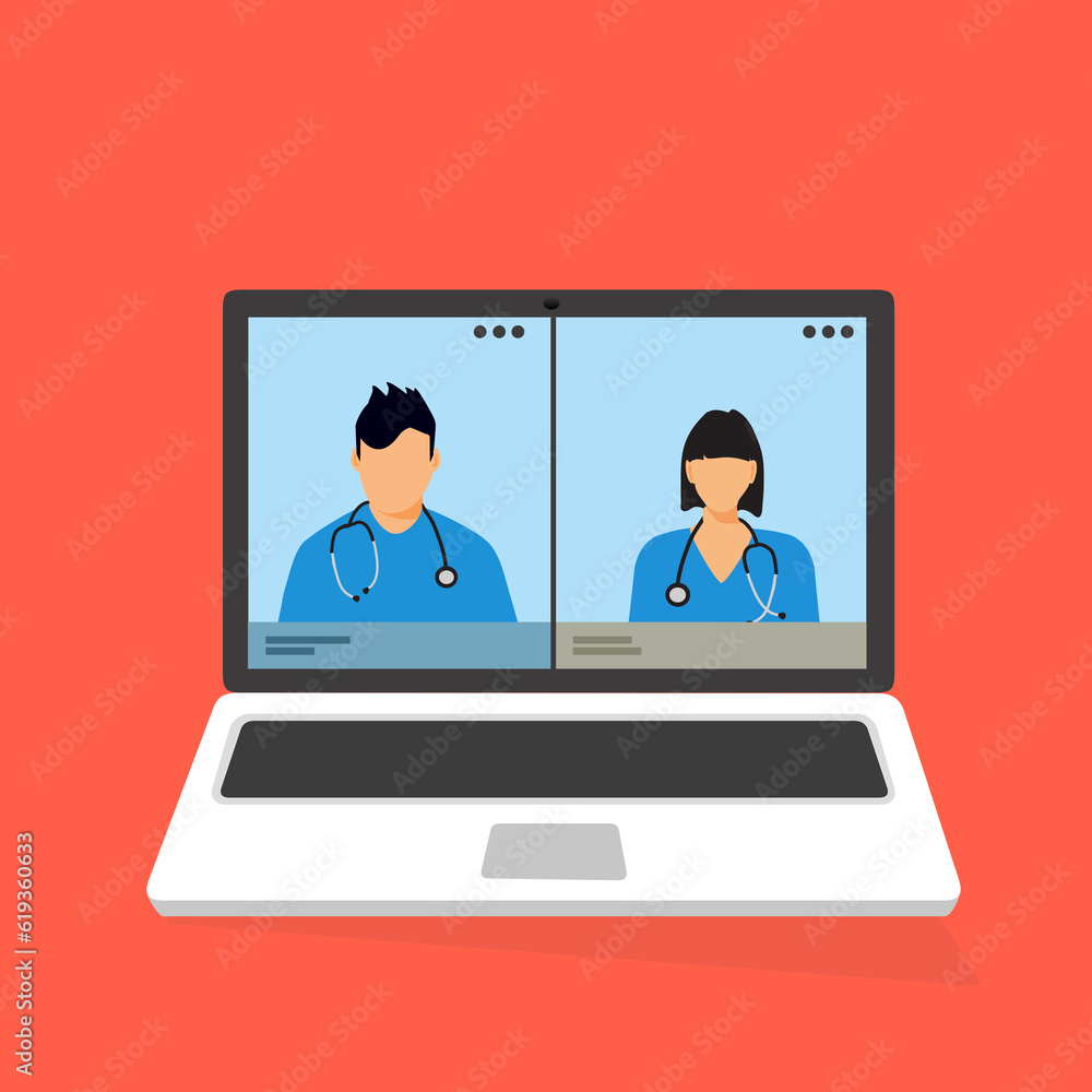 Videoconferenza medici uomo donna online via webcam su computer portatile colore illustrazione piatta isolata su sfondo Videoconferenza medici uomo donna online via webcam su computer portatile colore illustrazione piatta isolata su sfondo