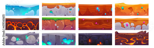 Cartoon set of seamless ground textures. Vector illustration of game level platforms, underground cross sections with different soil layers, ice, water, sand, clay, grass, stone, gravel, gemstones