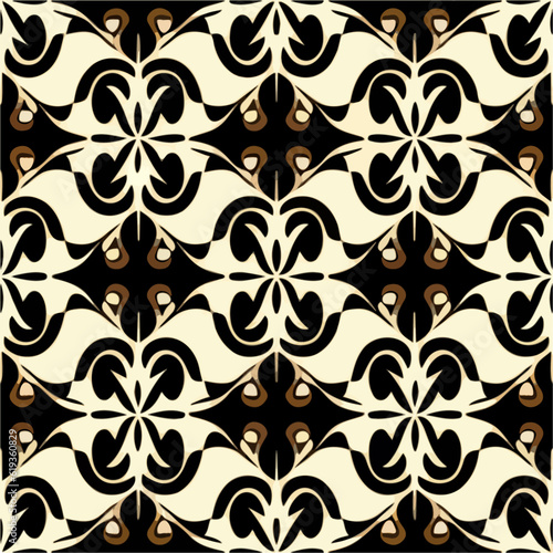 Brown accents enhance the black and white repeating fabric pattern. This art deco inspired design creates a visually appealing and repetitive pattern. © Issah
