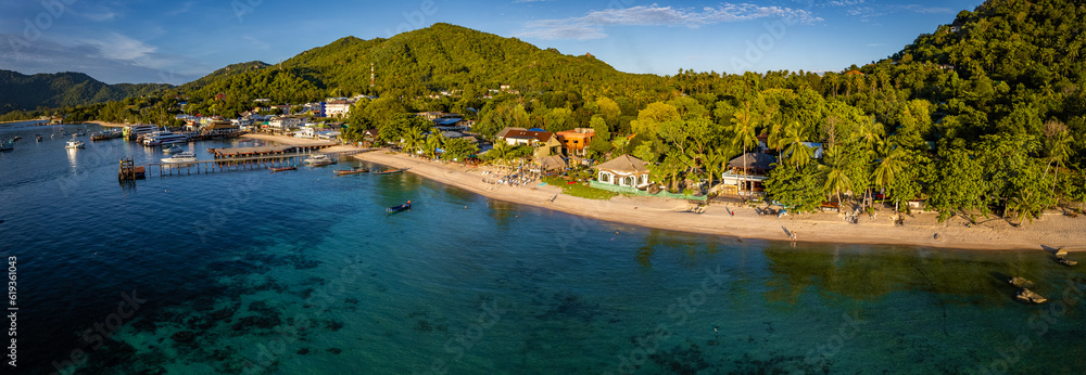 Aerial view of Mae Haad Beach and pier in koh Tao, Thailand