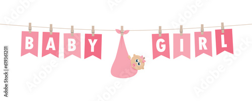baby girl welcome greeting card for childbirth with hanging party flags vector illustration EPS10