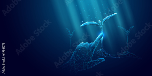 Digital Closeup Forefinger Point at Plant. Abstract Human Hand Touching on a Growing Sprout. Seed in a Ground. Agrotechnology Innovation Concept. Low Poly Wireframe Vector Illustration with 3D Effect.