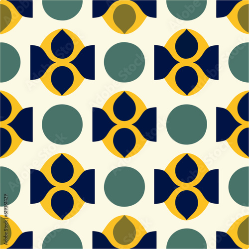 Against a pristine white background, a lively art deco pattern emerges in blue, yellow, and green shades, presenting an eye catching seamless design.