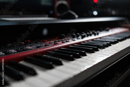 Red piano keys close up synthesizer inside a music studio modern setup grey desk.  
