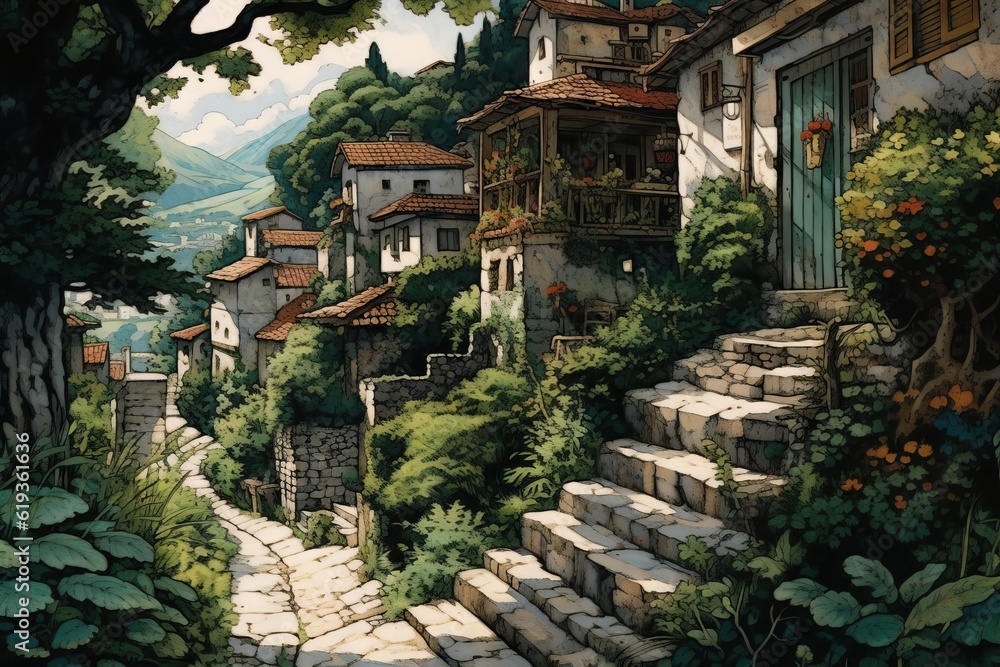 ヨーロッパ風の山間にある自然豊かな村：AI作品
