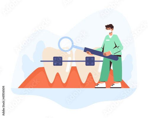 Young man in uniform working as dentist, holding instrument and looking at teeth with braces. Concept of modern healthcare services and oral care. Teeth treatment using medical equipment. Vector