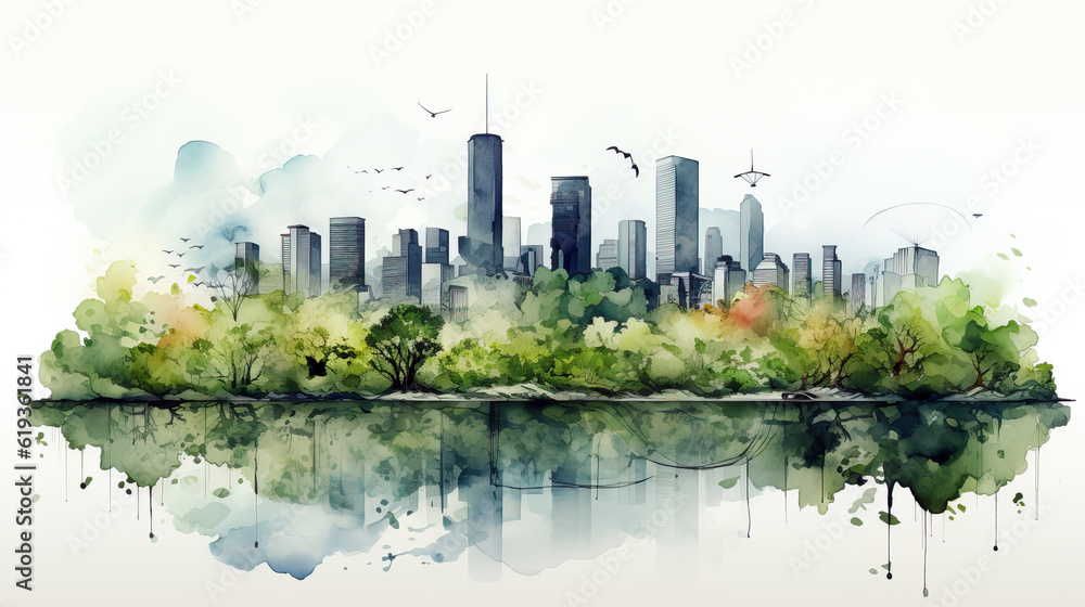 Ecology city skyline with green trees and skyscrapers, background with copy space