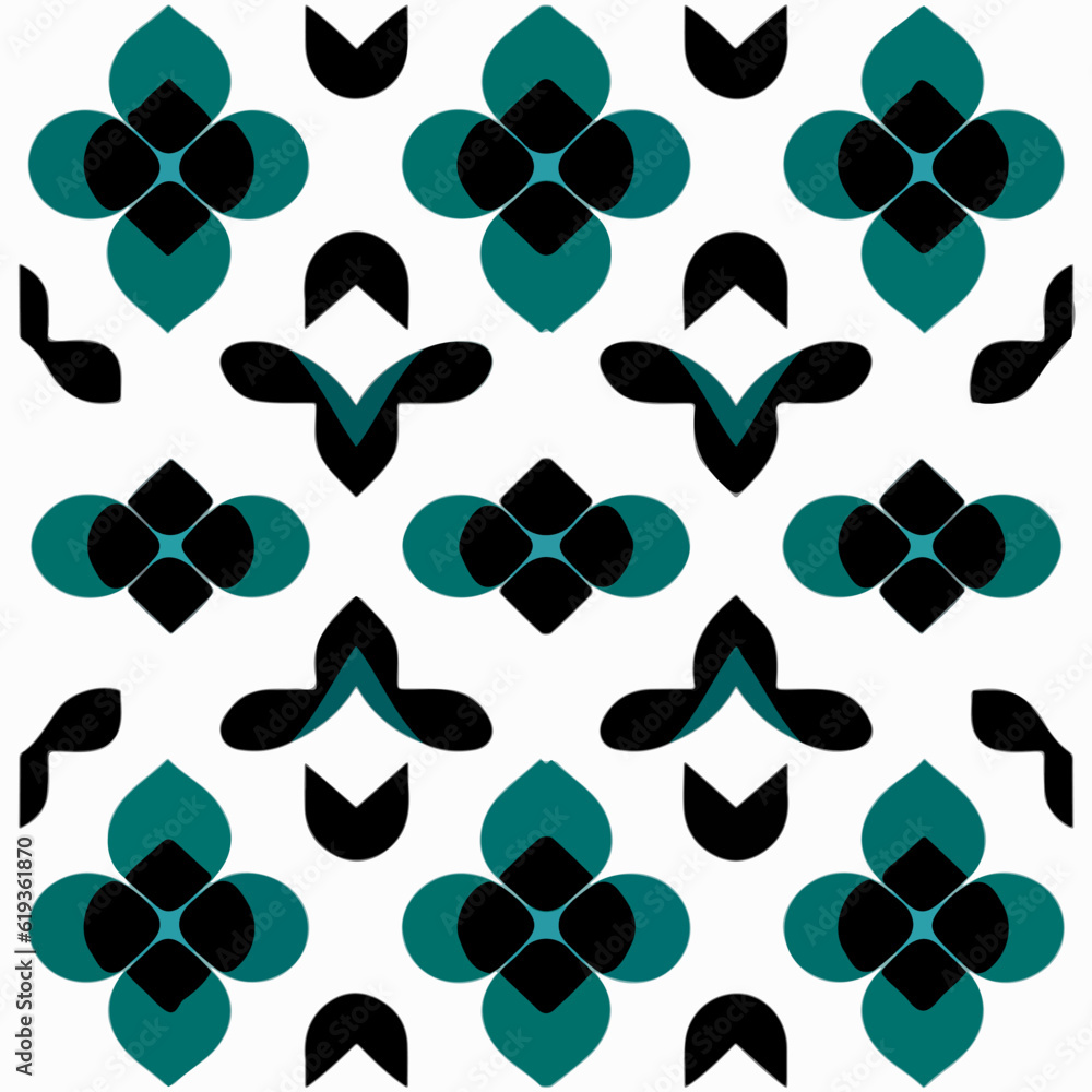 Fototapeta premium Lively white background showcases a delightful blue and black pattern, featuring motifs reminiscent of peppermint, flowers, and Persian.