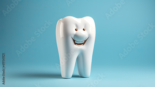 a white personified tooth with smiling face. Created with Generative AI technology. 