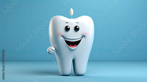 a white personified tooth with smiling face. Created with Generative AI technology. 