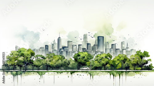 Ecology city skyline with green trees and skyscrapers, background with copy space
