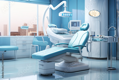 Modern dental clinic interior with a dental chair in the middle of the room. Created with Generative AI technology. 