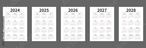 A set of calendars 2024, 2025, 2026, 2027, 2028. Blank templates of vertical single-page calendars for printing. The week starts on Monday. Vector illustration.