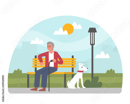 Colored cartoon character of old senior man sitting on bench outside, dog sitting near. Concept of happy retirement. Positive seniors spending time outdoors. Vector flat illustration